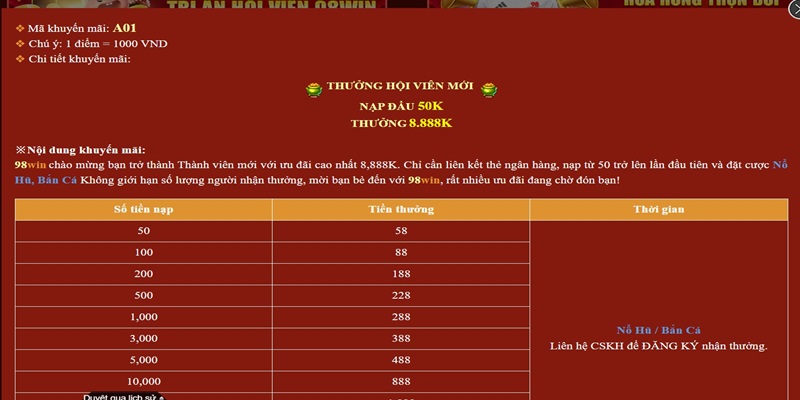 98WIN cung cấp thưởng tặng 8888K khi nạp 50K